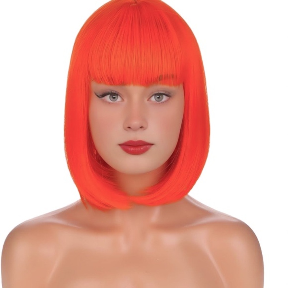 🎃 Halloween 🎃 Orange Bob Wig Short Straight Hair Wig w/Bangs Heat Resistant